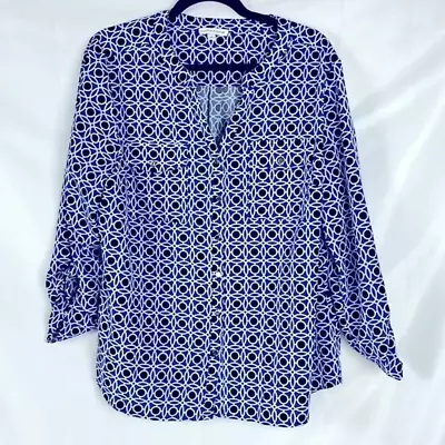 Notations Long Sleeve Blue Blouse White V-Neck Size XL • $9