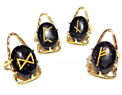 VIKING RUNES ADJUSTABLE RING Blue Goldstone Stone Magic Occult Futhark Norse 2H • $11.99