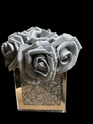 Silver Crush Diamond Vase Square Mirrored Finish With Grey Roses Hat Box 10x10cm • £24.99