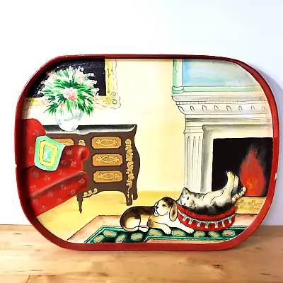 VTG Cat & Dog By The Fireplace Paper Mache Serving Tray Large - 21  X 15.5  • $23.99