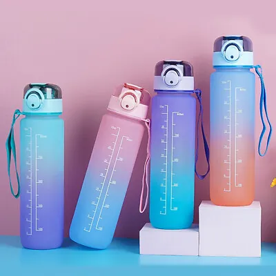 1L Water Bottle With Carry Strap Gradient Motivational Water Bottle Flip Top • $11.39
