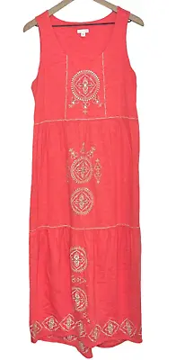 J. Jill Coral Sleeveless Tiered Embroidered Beaded Boho Maxi Dress Size M • $28