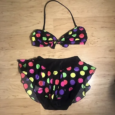 Vintage Sandpiper Bikini Swimsuit Pinup Polka Dot High Waist Size 13/14 Neon • $49.99