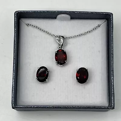 Estate Sterling Silver & Genuine Red Garnet Pendant Necklace & Earrings Set Box • $49