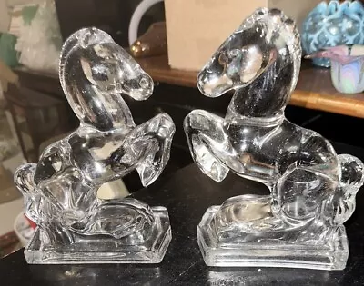 (2) Vintage L. E. Smith Galloping Horse Bookends Clear Heavy Glass • $19.95