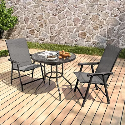 Black Parasol Table Dining Set Garden Folding Chairs 2/4 Seaters Patio Bistro UK • £75.95