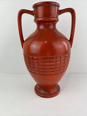 MCM Vintage Red Haegar Art Pottery Double Handle Red/Orange Vase Urn 13  • $34.77