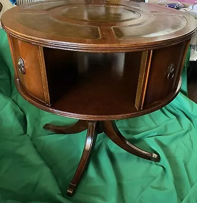 Vintage 1920s/30s Duncan & Phyfe Mahogany Rotating Drum Table W/ Leather Top • $1100