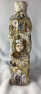 Decorated Altered Bottle W/ Buttons Crochet Clay Pics Artist Signed Steampunk • $24.99