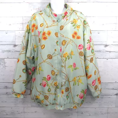 Vintage Avon Silk Bomber Jacket Flowers Chains Pale Tourquise Womne's Plus 1X • $18.74