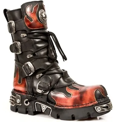 New Rock 591-S1 Red Flame Metal Black Leather Heavy Punk Gothic Boots • $269.99