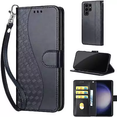 PU Leather Wallet Case Card Wrist Strap Cover For Various Phone S-Shaped Black • £4.31