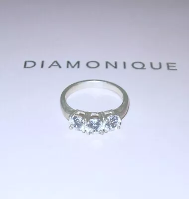 Diamonique Brilliant-cut Clear Trilogy Ring Sterling Silver Size N Usa 6.75  Qvc • £11.99