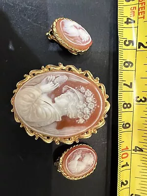 Vintage Cameo Pendant Brooch Fine Work Clip On Earring Plated Set • £13.95