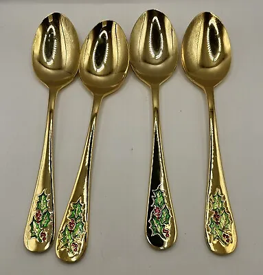 Holly Berry Flatware Gold Tone Dinner Table Spoons Set Of 4 Japan Christmas • $15