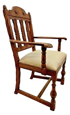 19th Century Oak Wood Arm Parlor Dining Side Chair Cushion Seat Antique • $299.58