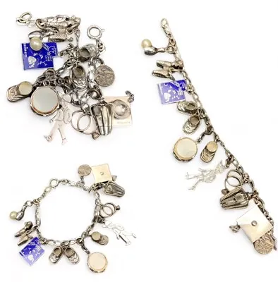 Vintage Solid Sterling Silver Charm Bracelet Loaded  With 12 Charms 7” • $95