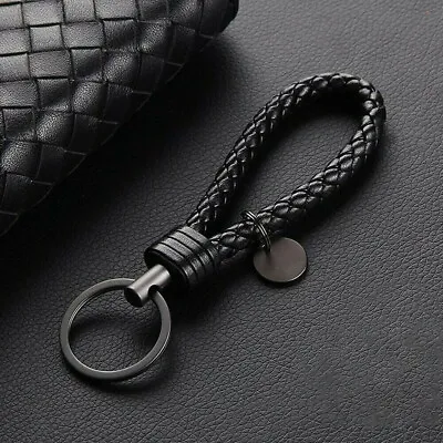 1x Men Car Keychain PU Leather Rope Strap Weave Keyring Key Ring Key Chain Black • $3.59