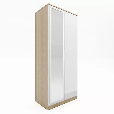High Gloss 2 Door Mirror Wardrobe Storage Hanging Rail White&Oak Home Furniture • £124.99