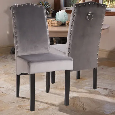 4X Grey Velvet Dining Chairs High Knocker Back Upholstered Seats Home Kitchen UK • £128.95