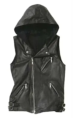 Men Stylish Genuine Leather Notched Collar Hooded Vest Jacket • $149