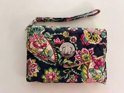 Vera Bradley Wallet Wristlet 5 X7 Black Pink Green 4 Compartments Turn Lock • $12.99