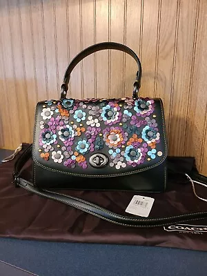 $355 • Buy Coach Black Leather Tilly Leather Sequins Flower Top Handle Crossbody  Kiss Lock