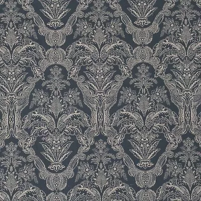 Siena Indigo Damask Style Fabric 140cm Cotton Blend Classic Curtains Blinds • £1.79
