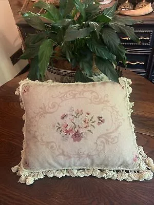 Vintage Needle Point Feather Filled Pillow Gold Velvet Back  Zipper Closure • $39.99