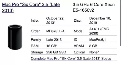  Mac Pro Quad Core/3.5Ghz E5 MacPro616Gb 256Gb SSD Late 2013 • • $750