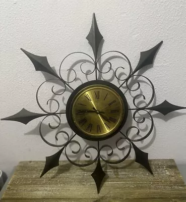 Elgin Mid Century Modern Black Wrought Iron  Vintage Starburst Clock READ • $50