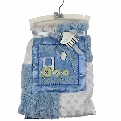 Nursery Rhyme Blue Minky Dot Swirl Train Patchwork Baby Blanket Satin Trim 30x40 • $29