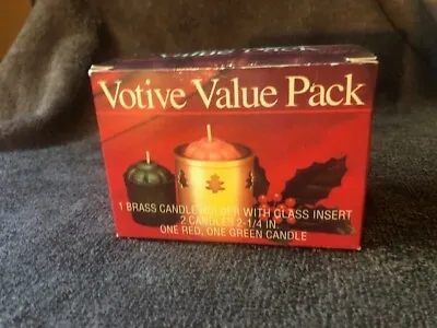 Votive Value Pack - 1 Brass Candle Holder W/ Glass Insert & 2 Candles(Red/Green) • $2.50