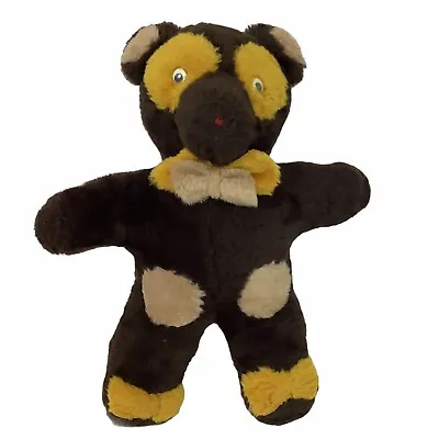 Vintage Teddy Bear With Bow Googly Eyes 19  H Dark Brown Yellow Patches Stiff  • $35.54