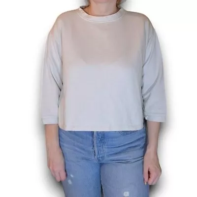 La Garconne Moderne Women Cropped Sweater 3/4 Sleeve 100% Cotton Gray Cream M • $83.30