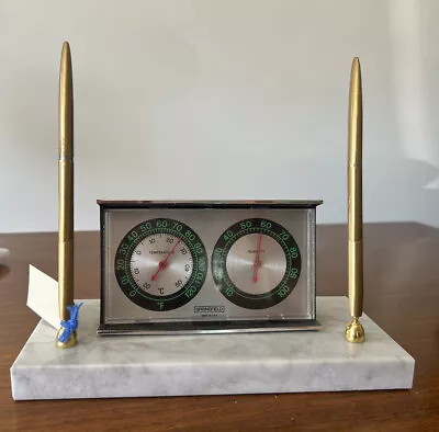 VTG Mid Century White Marble Desk Clock Set With Temp & Barometer &2 Gold Pens • $168