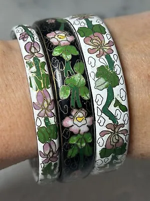 Retro Chic 3 Vintage/ Maybe Antique Cloisonné Bangle Bracelets White & Black • $25.95