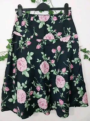 Laura Ashley Knee Length Floral ALine Skirt Size 10 Black Pink Roses 100% Cotton • £13