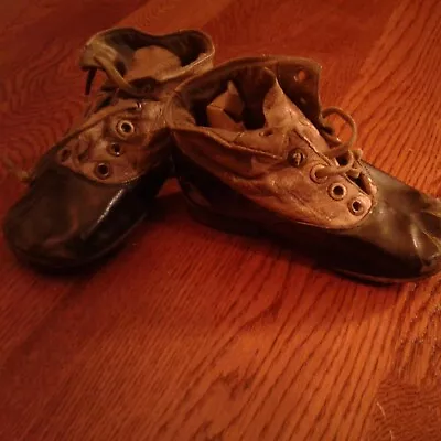 Antique Childs Adorable Black/tan Leather Pair Of Shoe's • $20