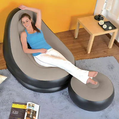 £24.99 • Buy Inflatable Deluxe Lounge Lounger Chair With Ottoman Foot Stool Seat Relax Couch