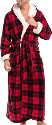 Alexander Del Rossa Men’s Plush Red Fleece Hooded Bathrobe W/ Cream Sherpa L/XL • $35.10