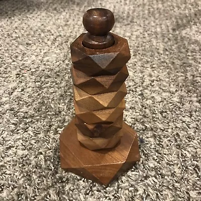 VTG Mid Century Modern Faceted Geometric Teak Wood Napkin Ring Holders W/ Stand • $10