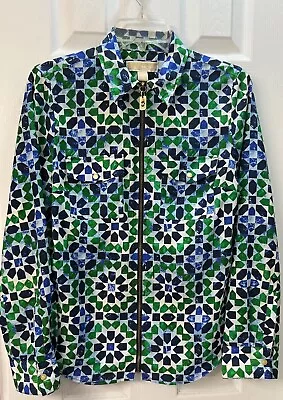 Michael Kors Zipper White W/Blue & Green Shirt Long Sleeve Womens Med  Free Ship • $13