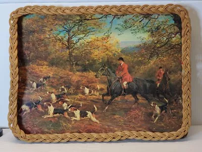 Vintage Melamine Wicker Serving Tray British Horse Hunting Dogs Scene • $19.99