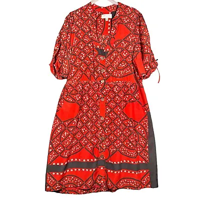 ANTHROPOLOGIE Red Silk Midi Dress Sz 14 Moulinette Soeurs Printed Button Down • $38.93