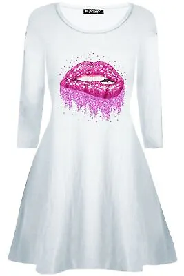 Womens Ladies Glitter Lips Long Sleeve Flared A-Line Skater Swing Mini Dress Top • £0.99