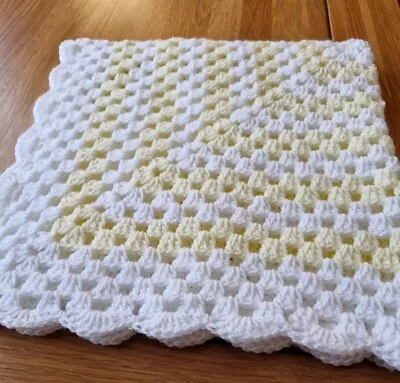 Lovely Hand Crochet Baby Blanket In Lemon And White. • £11.99