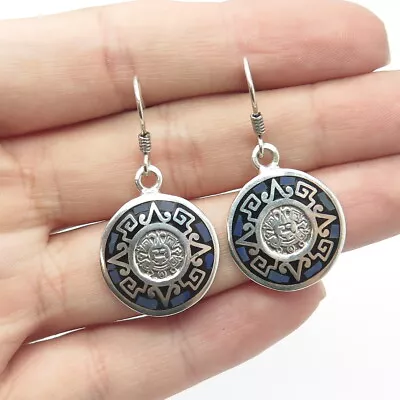 950 Silver Vintage Mexico Real Sodalite Inlay Mayan Symbol Dangling Earrings • $76.99