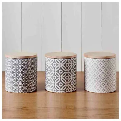 £21.99 • Buy Set Of 3 Ceramic Tea Coffee Sugar Canisters Jars Geo Embossed Storage Jars Pots