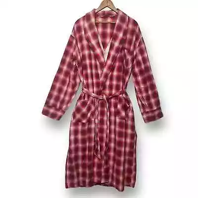Vintage Mens Size Large  Red Plaid Tie Waist Cotton Flannel Dressing Gown Robe  • $48
